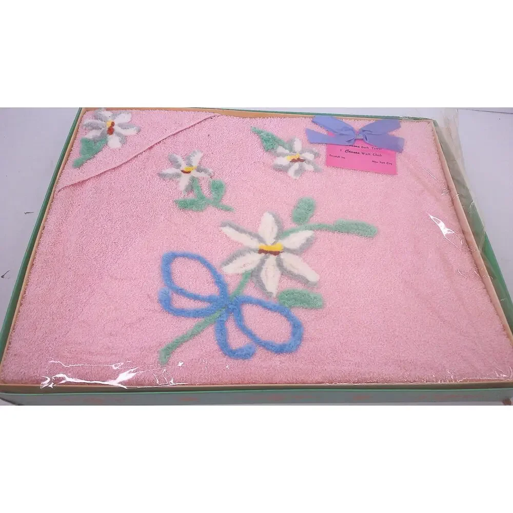 Vtg 60s Cannon Pink Whisper 2 Pc Towel Set Pink Chenille Floral Mod New
